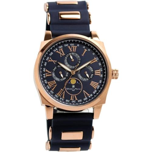Salvatore Mara Watch Moon Phase Multi Calendar 5 ATM Water Resistant Business Formal Men's Rubber Belt Limited Model Blue Pink Gold SM22105R-PGBL
