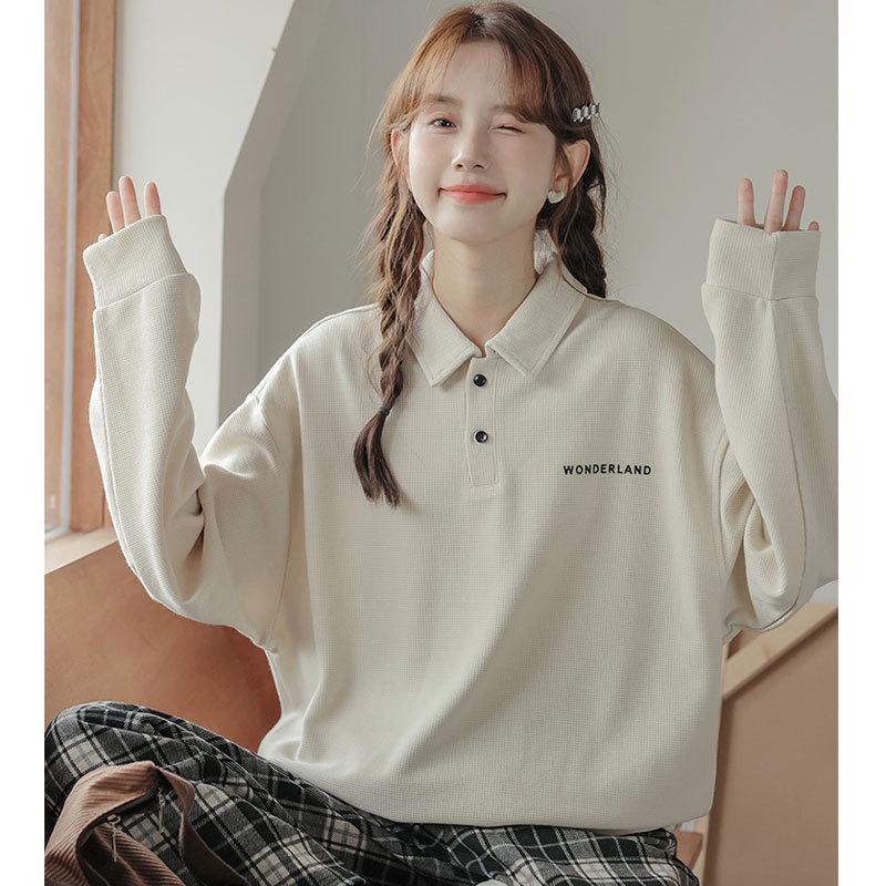

Vintage-Inspired Loose Fit Sweatshirt: Long Sleeve, Versatile Polo for Students - French Influencer Style L (110-130 lbs) серый