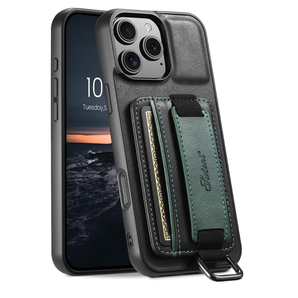 SUTENI H13 For iPhone 16 Pro Max Case Card Holder Wristband Waxy Texture Leather+TPU+PC Cover