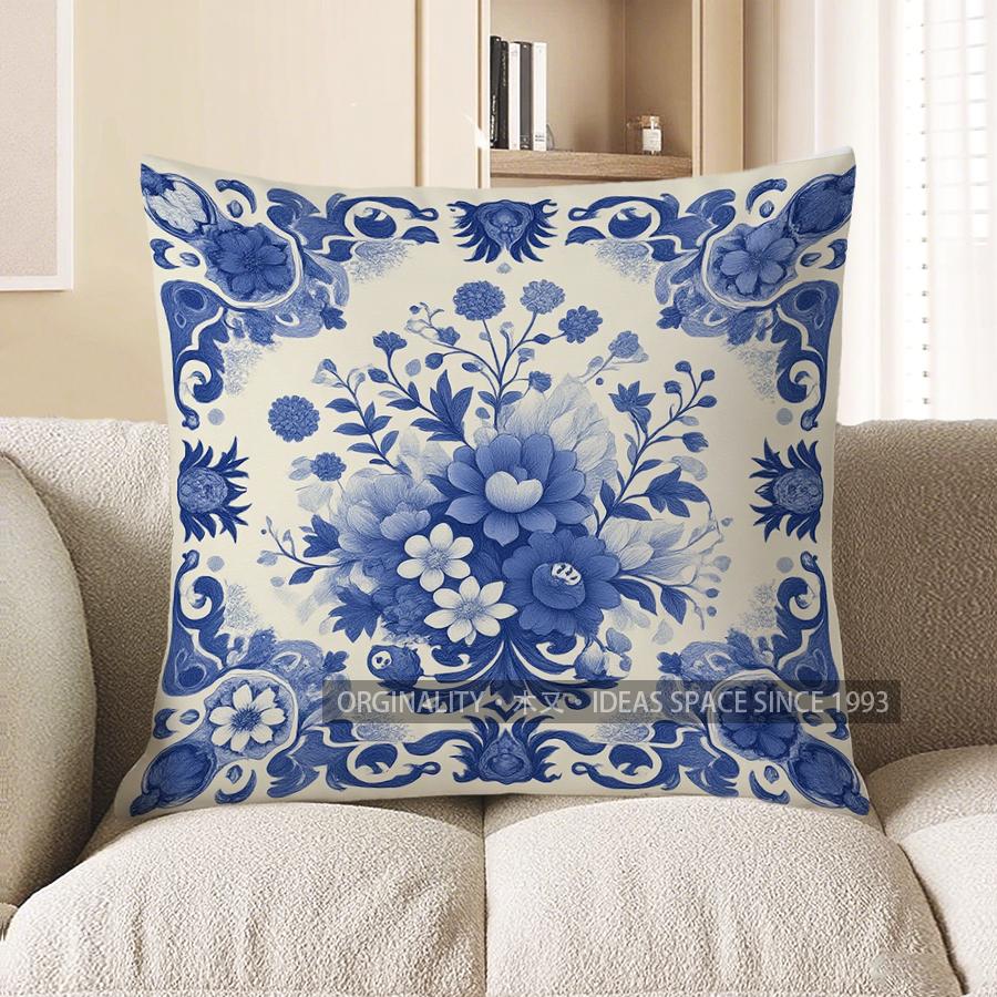 

Home Decor Blue Floral Pattern Decorative Pillow Cover Pattern Cushion Cover Suitable For Sofa Bedroom Car Pillow Cover 40x40cm