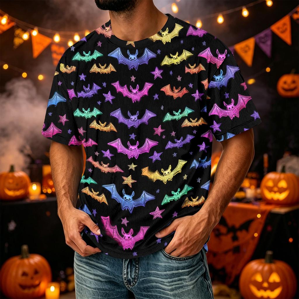 Herren Freizeit-Corduroy-Kurzarmhemd Leicht Atmungsaktiv Rundhalsausschnitt Oberteil Halloween-Muster Design Bequeme Passform