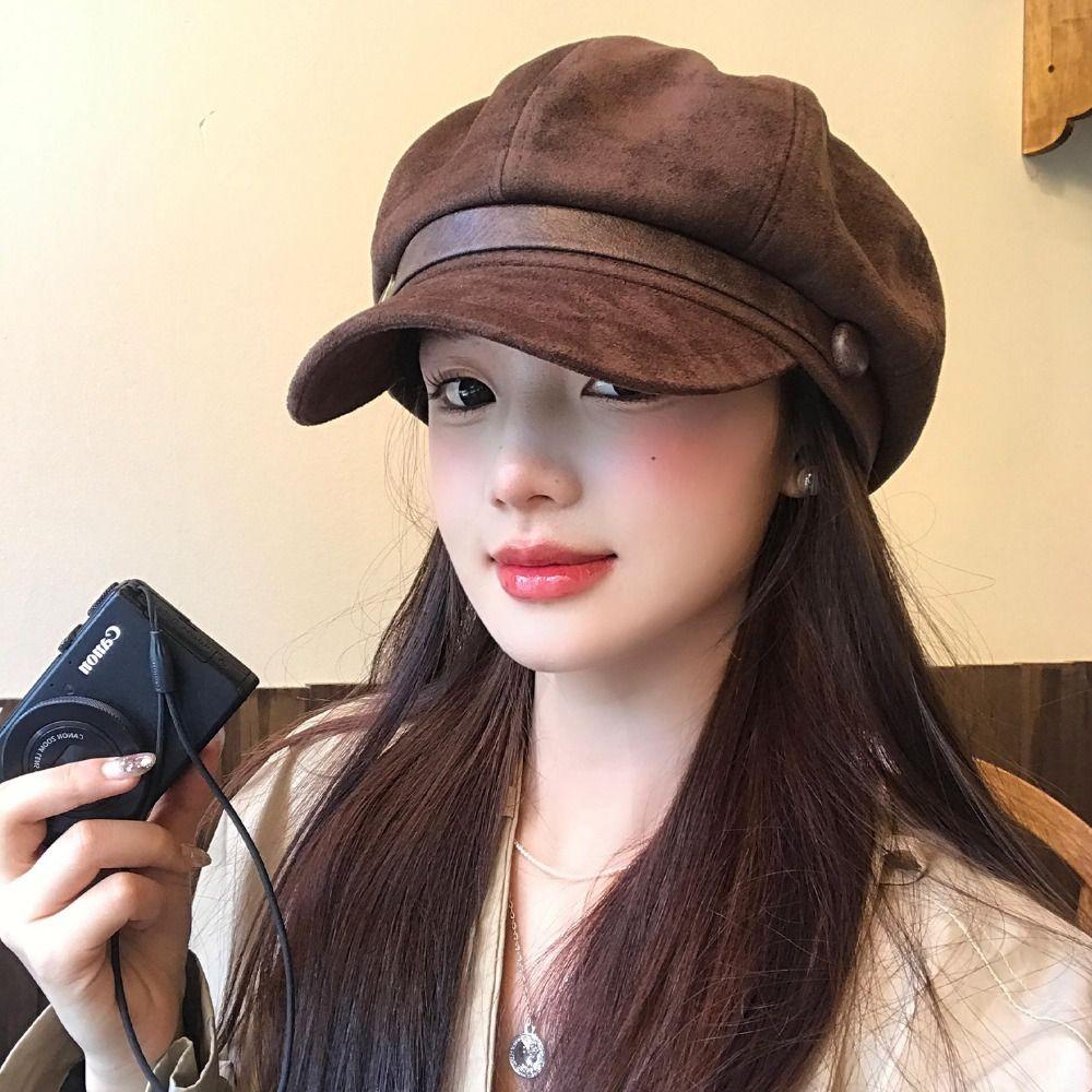 Belt Buckle Suede Octagonal Hat British Style Painter Hat Fashion Pu Leather Beret Autumn