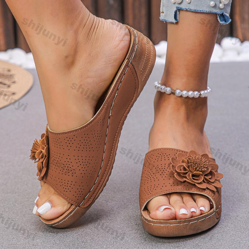 Women's Flower Wedge Platform Slippers 2026 Summer New Casual Premium Open Toe Sandals Beach Anti-slip Slides Zapatos De Mujer