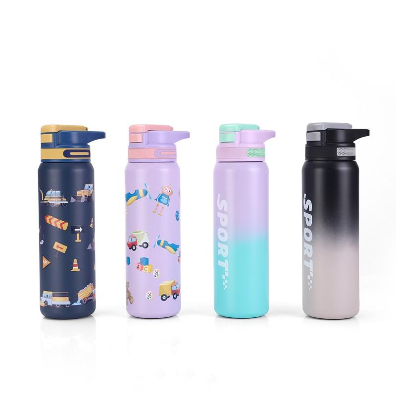 Kids Printed Stainless Steel Insulated Water Bottle With Straw Lid 600ml 800ml Outdoor Portable Thermos School Travel