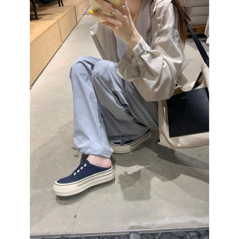 Advanced Sense~ Height Increase 7cm Lazy Without Shoelaces Round Head Thick Sole One Pedal Casual Board Shoes Women's Canvas Shoes