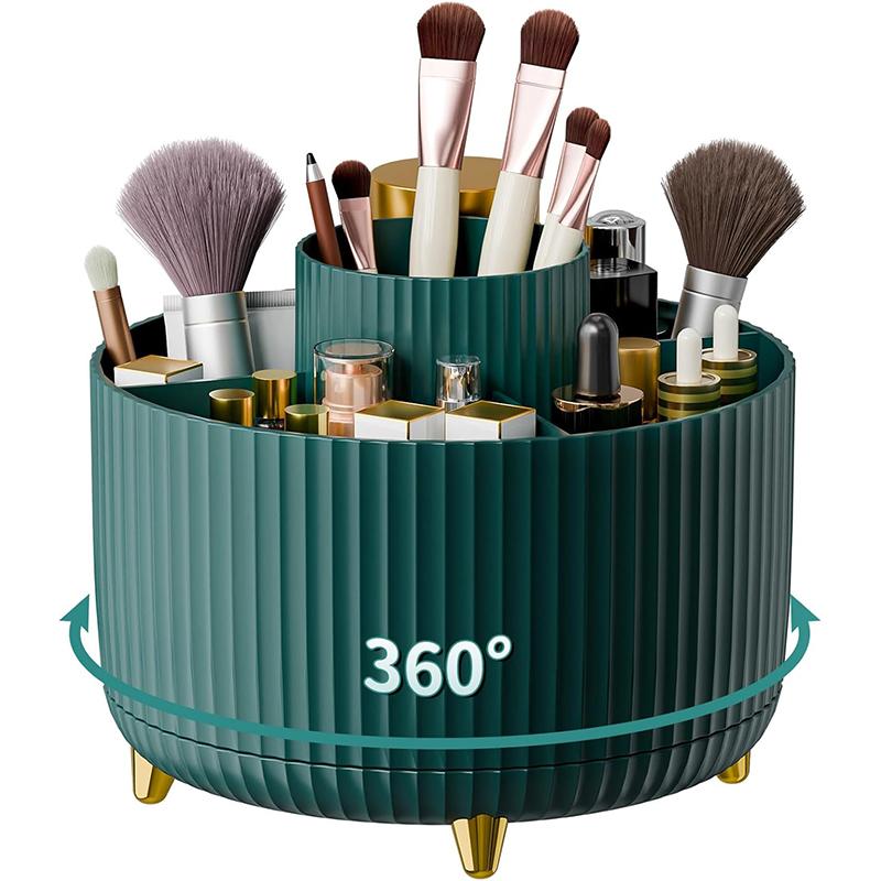 

360° Rotating Makeup Organizer - 1Piece Plastic Cosmetic Storage With 5 Compartments - Multi-Functional Holder For Brushes