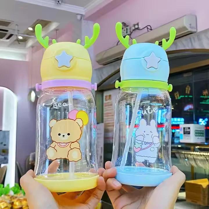 Creative Fashion 600Ml Cartoon Plastic Water Bottle Children's Large Capacity With Antlers Student Gift Straw Cup Portable Leaki