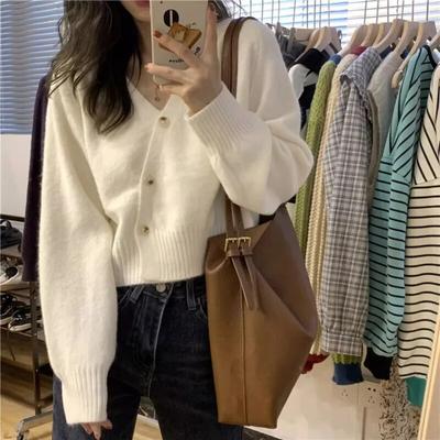 V-neck Cardigan Sweater Knitted Women Diagonal Button Autumn and Spring Solid Long Sleeve Loose Sweater Cardigan Female Top