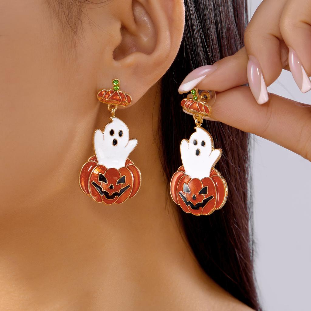 Popular Halloween earrings series, dripping pumpkin ghost black orange twisted earrings female, niche design sense