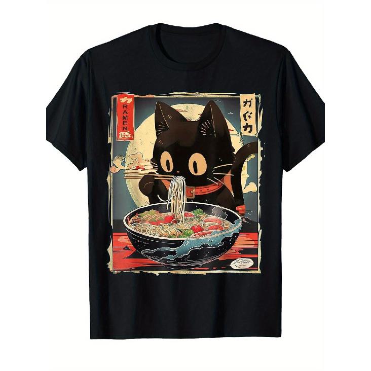 1pcWomen S & Men S Anime Kawaii Cat Eating Ramen T-Shirt - Japanese Manga Style Cute Black Cat & Ramen Bowl Graphic, Loose Fit Short Sleeve Crew Neck S чёрный