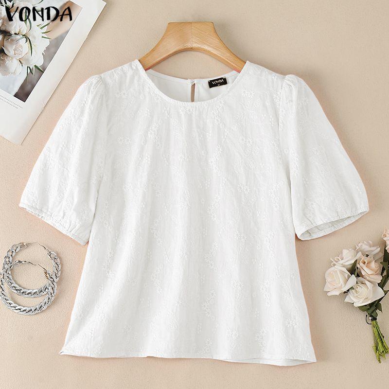 VONDA Summer Vintage Women Casual O Neck Short Sleeve Embroidery Blouse Tops S белый