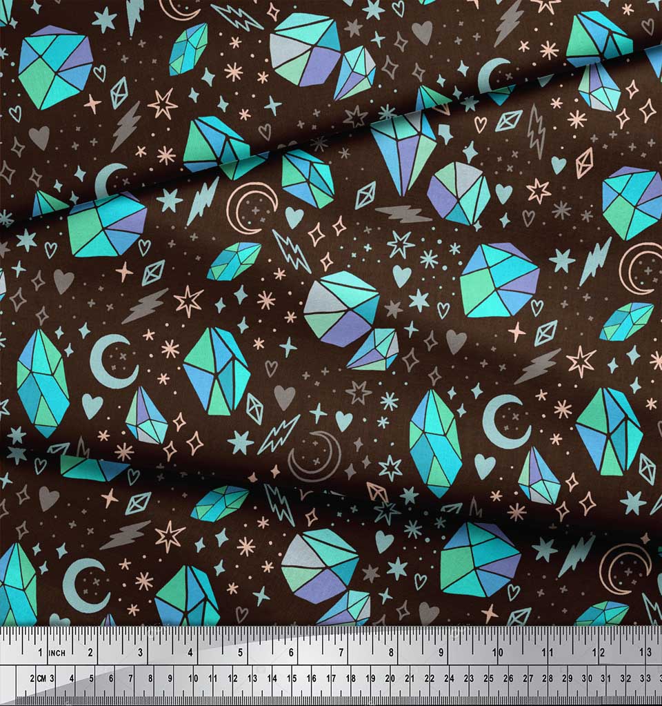 Soimoi Brown Japan Crepe Satin Fabric Heart & Crystal Stone Geometric Decor Fabric Printed metre 42 Inch