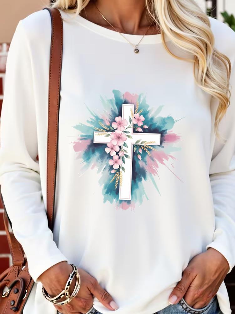 (Asian Size) faith trend flower autumn winter spring Casual Fashion Print T Shirt Tee Women Clothing Top o-neck Graphic Long Sleeve T-shirts