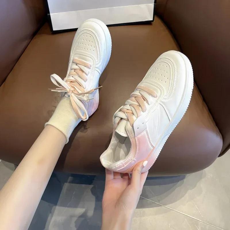 Gradient Color Flat White Shoes for Women, Thick Soled New Lace Up Board Shoes for High School Students, Casual Shoes for Women