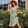 Chic Women Summer Green V Neck Long Sleeve Lace Up Pleated A Line Print Dress