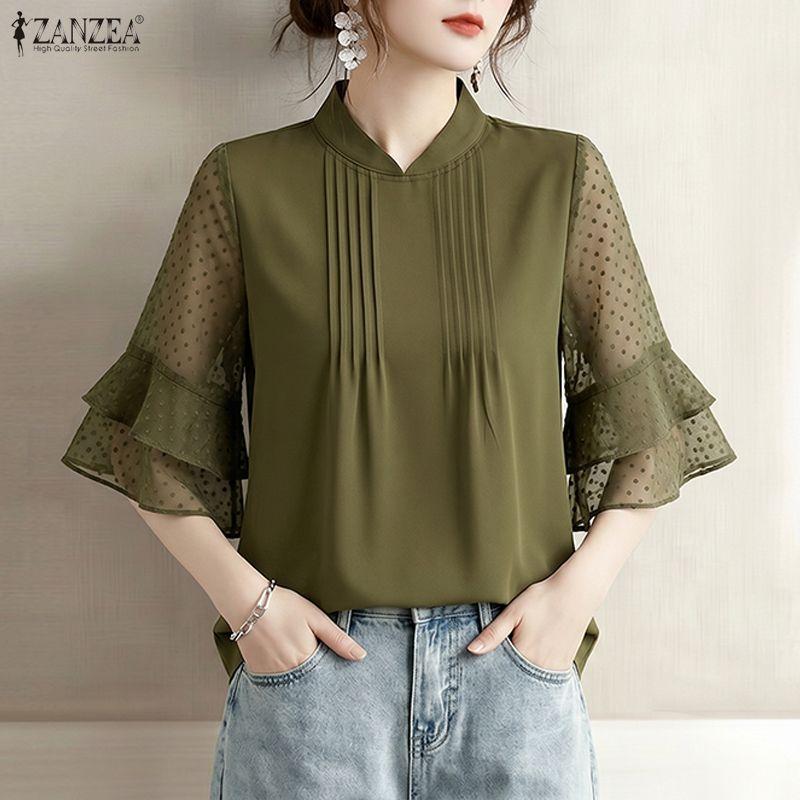 ZANZEA Women Casual Stand Collar Loose Sheer Mesh Splice 3/4 Sleeve Blouse