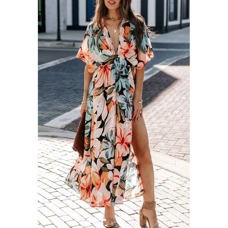 Printed Slim Dress2025 Summer European and American Women clothes New Sexy Fashion Print Split Dress