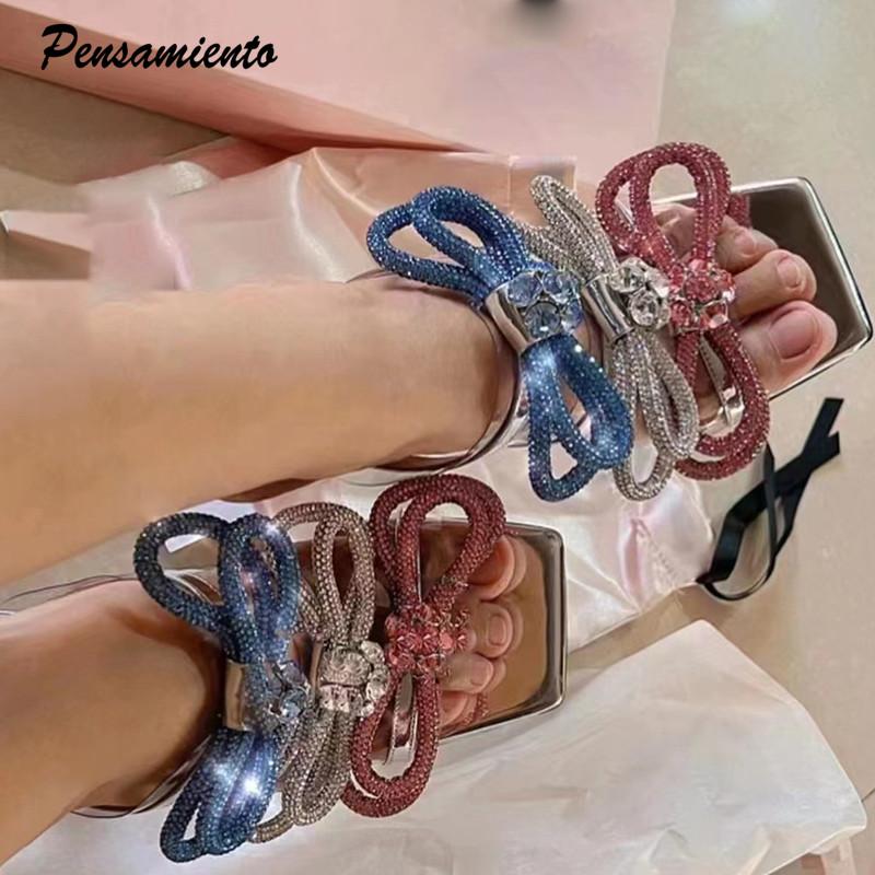 Fashion Clearance!!! Bling Bling Crystals Bowknot Women Sandals Fashion Summr High Heels Mules Slides High Quality Female Shoes