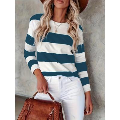 T-shirt décontracté grande taille pour femme, imprimé à rayures colorblock, manches longues, col rond, légèrement extensible