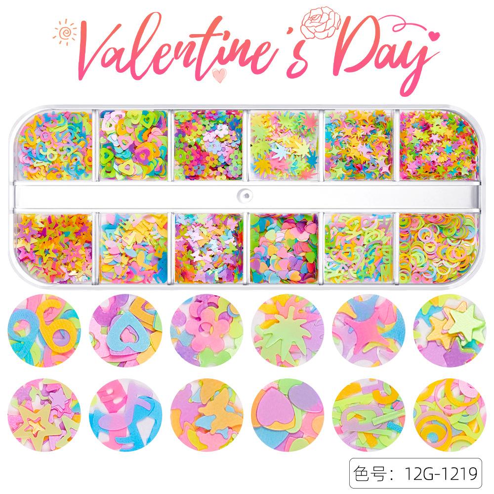 12-Gitter Valentinstag Nailart Pailletten, Glänzende Bunte Liebessterne Sechseckige Pailletten Nailart Schmuck