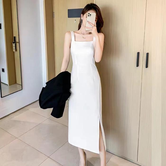 2024 Slimming Black Suspender Skirt Dress: Summer Temperament, Medium-Long Slit