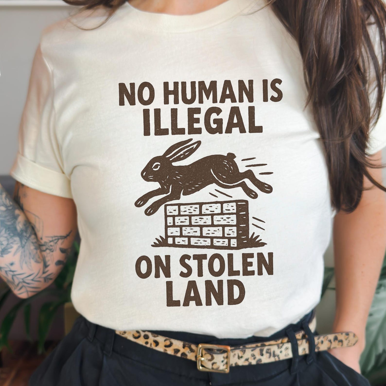 No Human is Illegal on Stolen Land T-Shirt - Indigenous Rights Advocacy Tee S