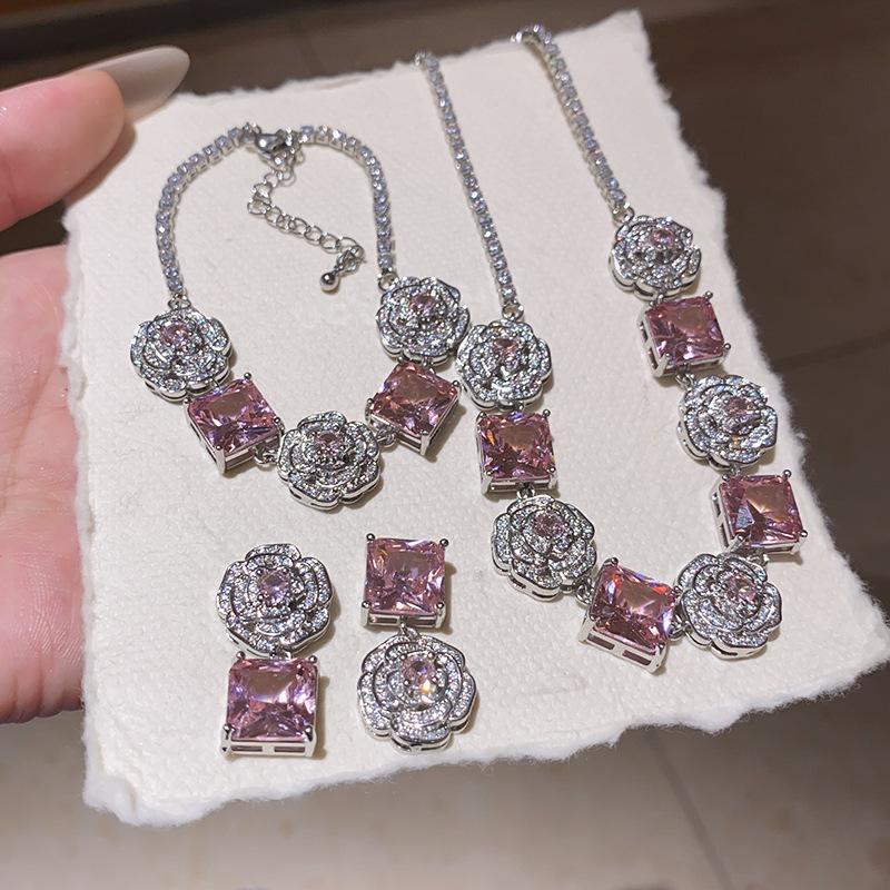 Flower Cluster Princess Pink Rose Small Sugar Cube Zircon Ring Earrings Necklace Set Light Luxury High-end Jewelry