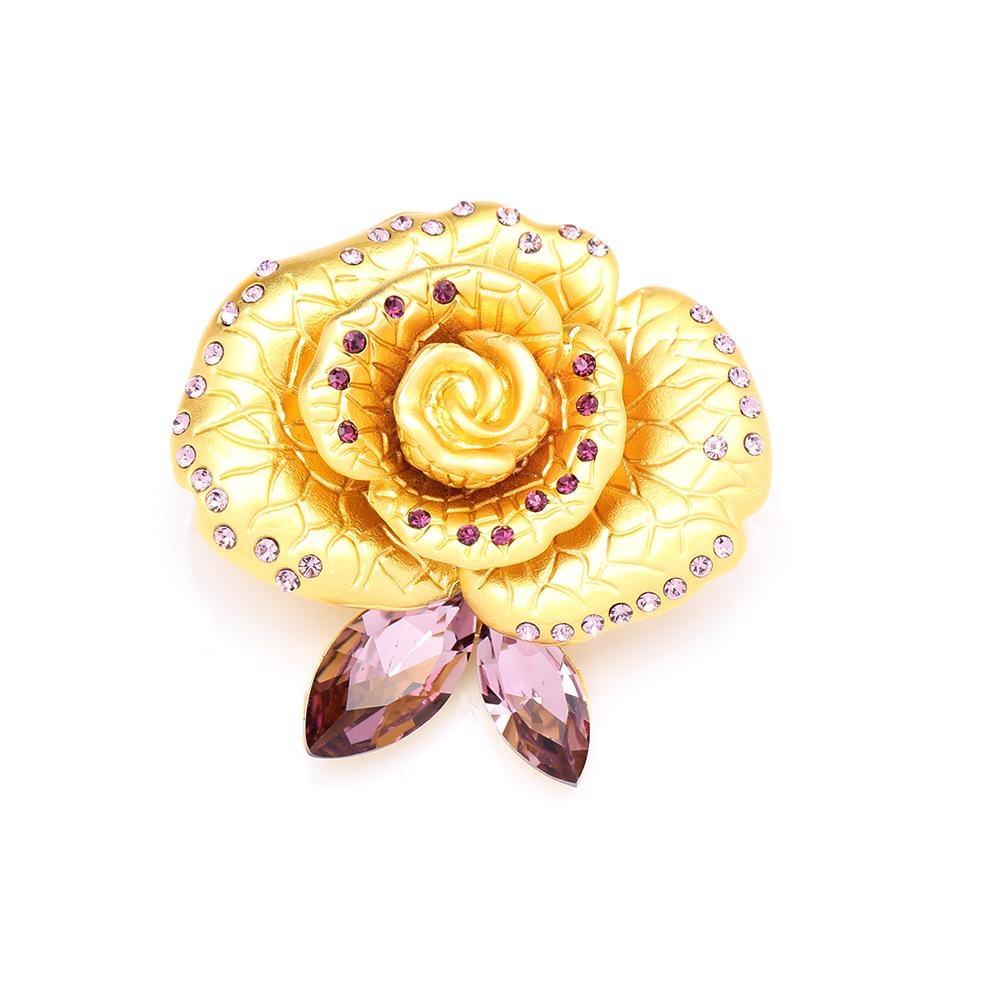 High End Classic Rose Brooch, Artificial Crystal Flower Gold-plated Accessories for Women