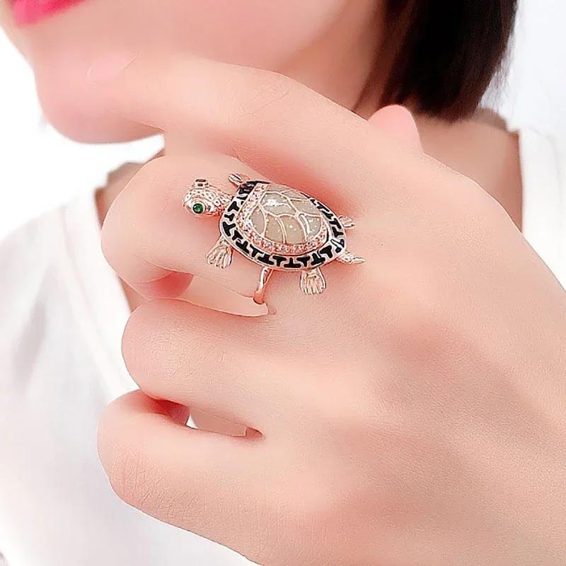Creative Fashion New in Exquisite Turtle Rings for Women Charming Party Copper Plated Rose Gold Zircon Opening