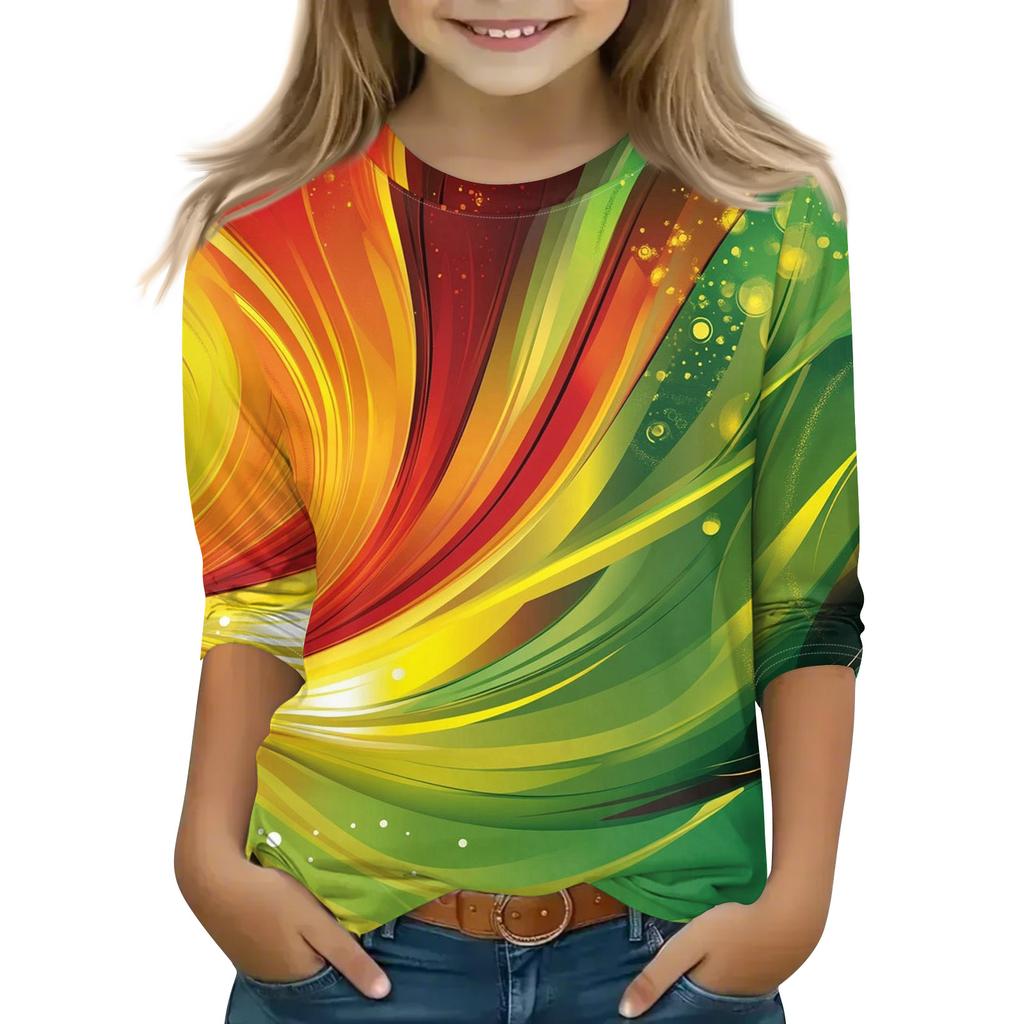 Print Tops For Youth Girls Round Neck 3/4 Sleeves T-Shirts Trendy Tops Outfit Tees