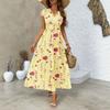 European and American summer V-neck long dress, flower printed small flying sleeves waist A-shaped dress