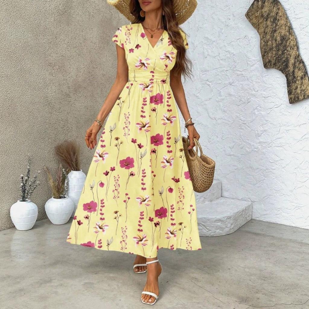 European and American summer V-neck long dress, flower printed small flying sleeves waist A-shaped dress