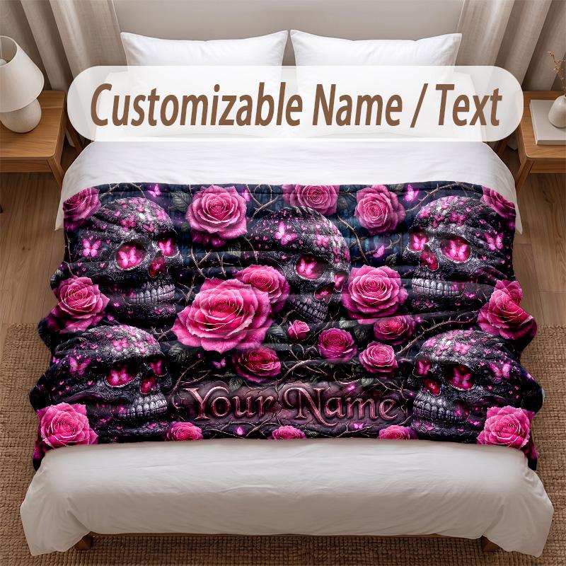 Skull Gothic Theme Soft Blanket Personalized Custom Name Text Print Warm Blanket Home Sofa Bedroom Decor
