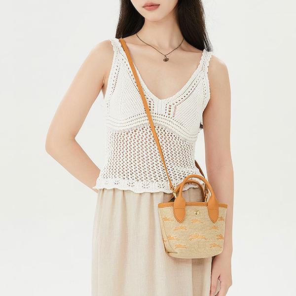 Longchamp Le Panier Pliage Logo Embroidered Detachable Shoulder Strap Straw Texture Canvas Mini Shoulder Crossbody Tote Bag Women Bags 10206HCF222