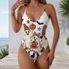 Women Plus Size V Neck Thin Straps One Piece Swimsuit Halloween Ghost Pumpkin Printed White