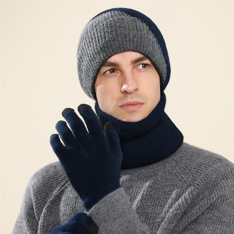 Winter Wool Hat Men Color-Matching Cashmere Knitted Hat Gloves Neck Set Three-Piece Thick Cold-Proof Cap