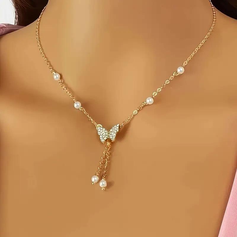 Elegant Y-shaped necklace, 18K gold-plated pearls, European and American style tassel pendant Zircon, romantic and fashionable,
