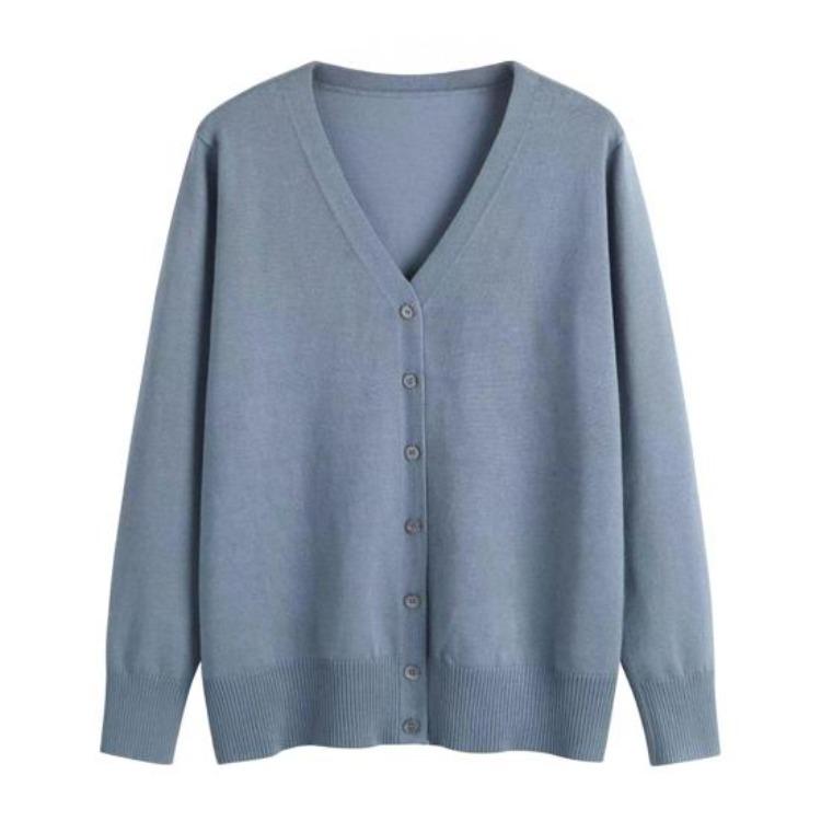 Women Long Sleeve V Neck Knitted Cardigan Solid Color Ribbed Trim Warm Sweater Coat Single Breasted