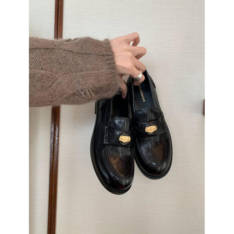 Shoes Horse Skin Retro Polished Small Gold Coins Thick Heel Thick Sole Small Leather Shoes