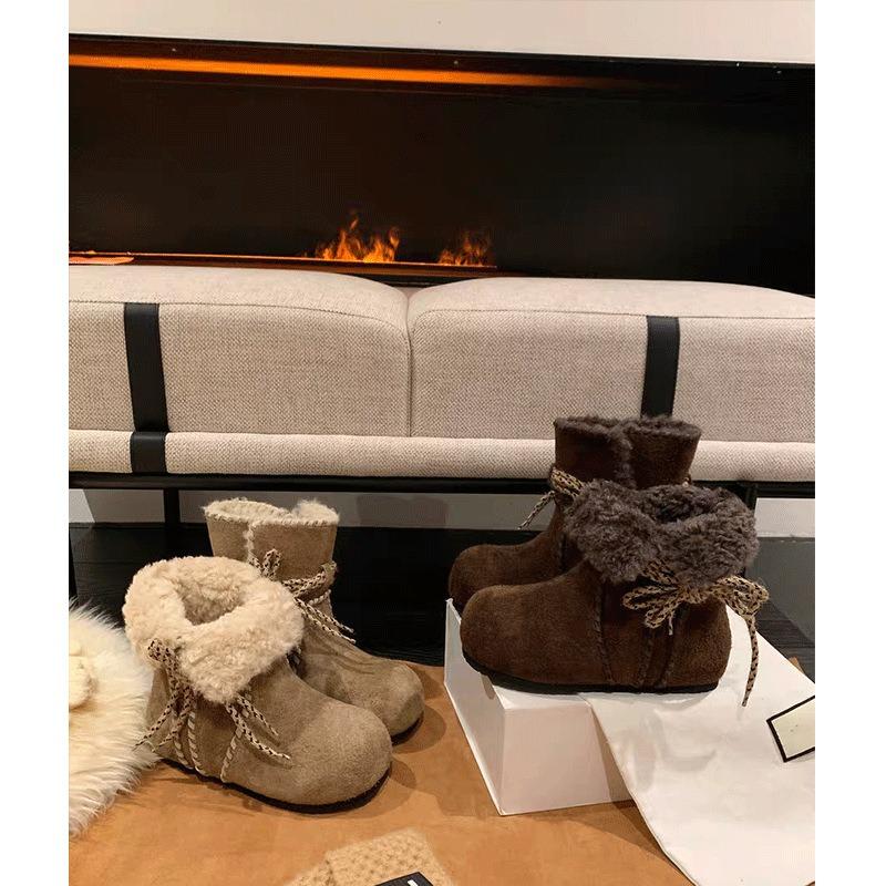 Leather Fluffy Snow Boots Women's Cotton Shoes Winter New Thick-soled Big-head Martin Boots Velvet Warm Boots