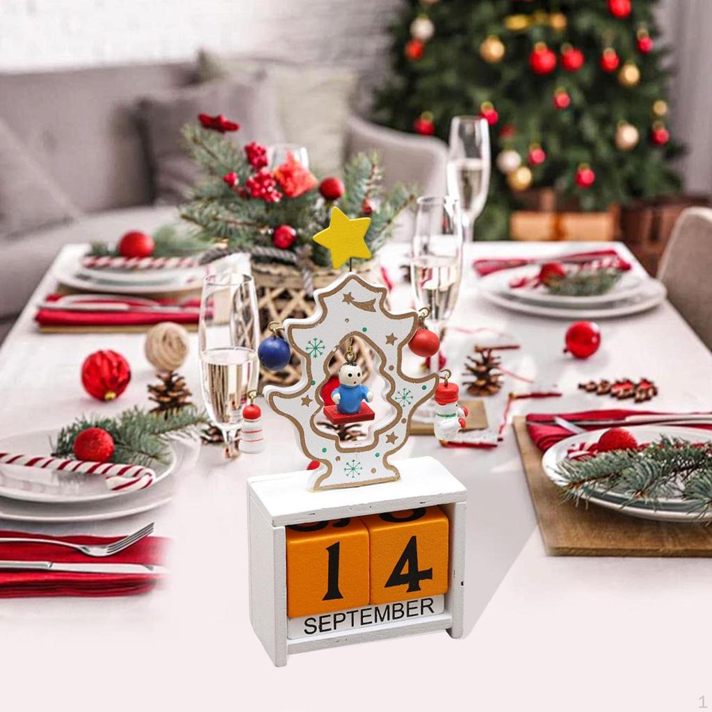 Christmas Calendar Desk Decoration, Calendar,Rustic with Number Blocks Tabletop for Office Living