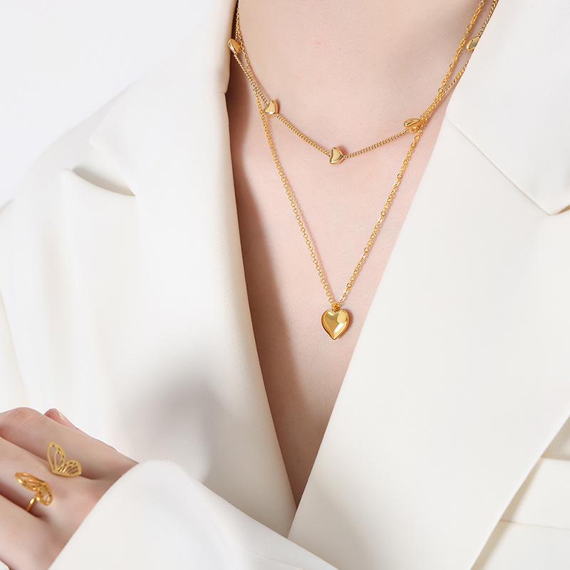 French Fashion Versatile Double-Layer Peach Heart Pendant Necklace Titanium Steel 18K Gold Retro Temperament Collarbone Chain Jewelry
