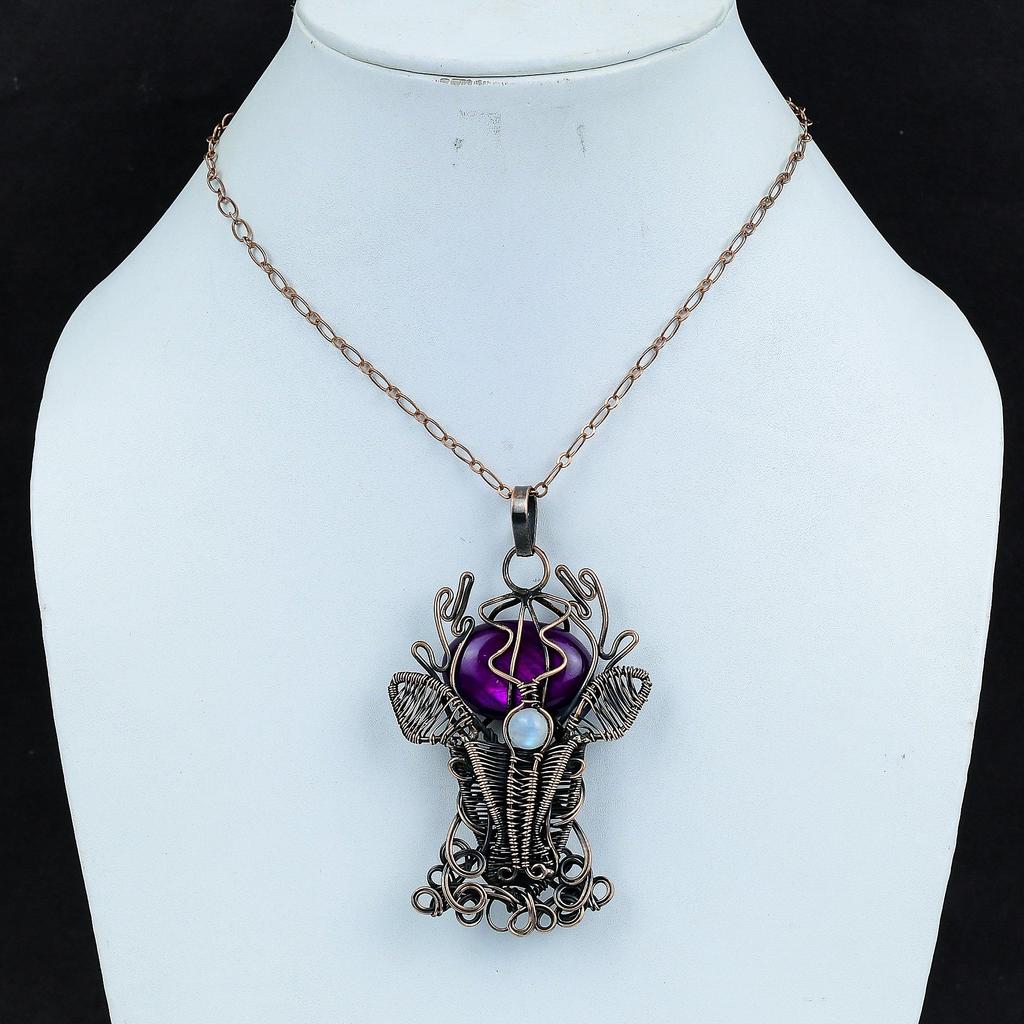 Purple Fire Labradorite Pendant Copper Wire Wrapped Gemstone Pendant Rainbow Moonstone Pendant Deer Face Pendant Handmade Jewelry For Gifts