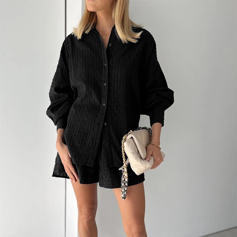 

Женский модный жаккардовый комплект из двух предметов: рубашка с пышными рукавами и шорты Extra Extra Large чёрный