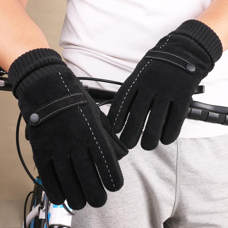 Warm gloves Men's cold-proof pigskin piled and thickened knitted Luokou outdoor riding touch screen autumn and winter leather gloves