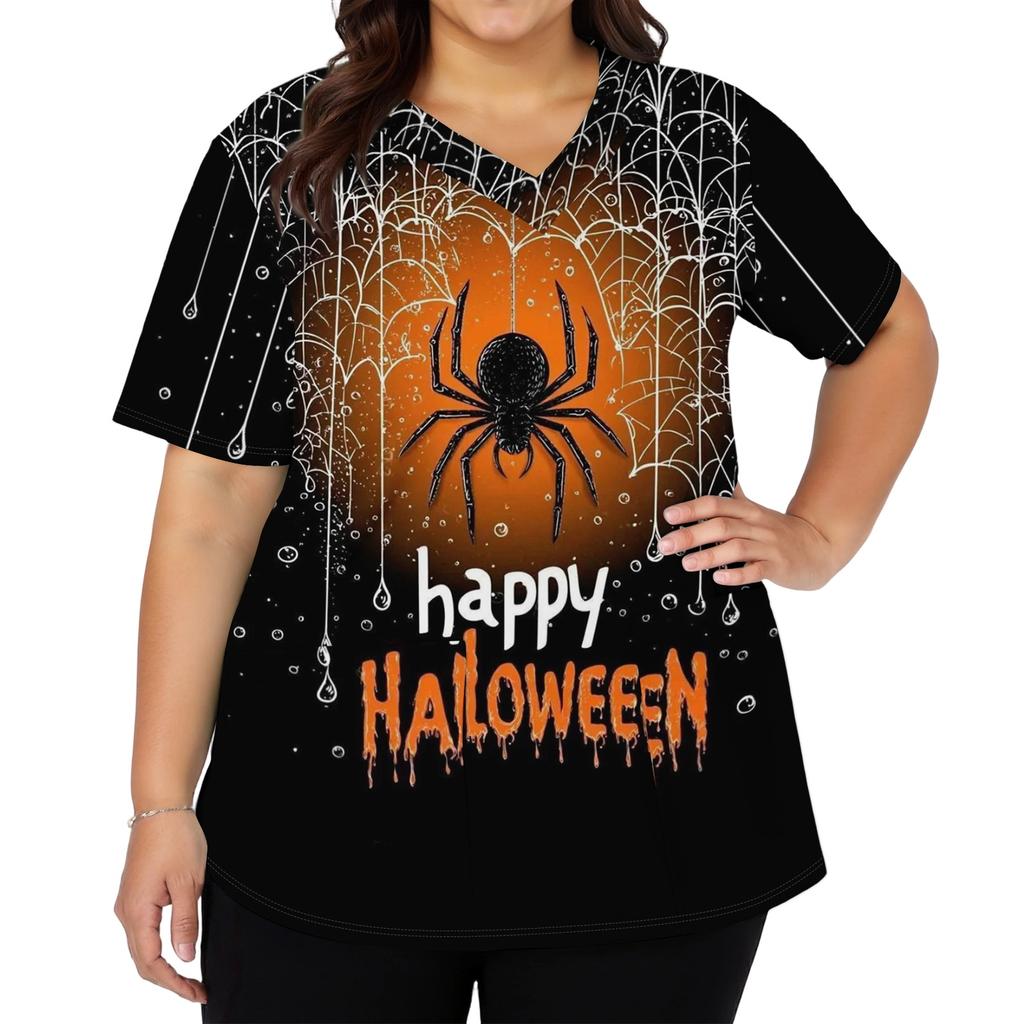 Women V Neck Short Sleeve Work Shirt Double Side Slit with Pockets Halloween Print Top Casual Comfortable Fit