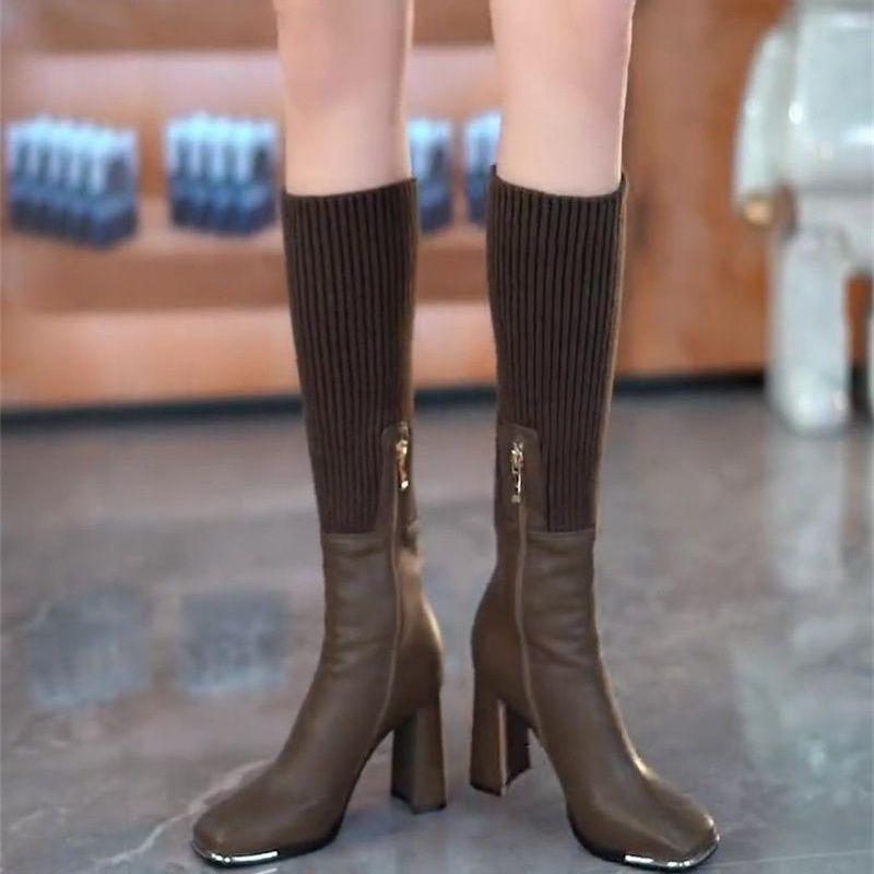 Fashion Autumn Winter Elegant Heeled Square Toe Ladies Sock Knee High Shaft Shoes Designer Luxury Chic Comfortable Women's Long Boots