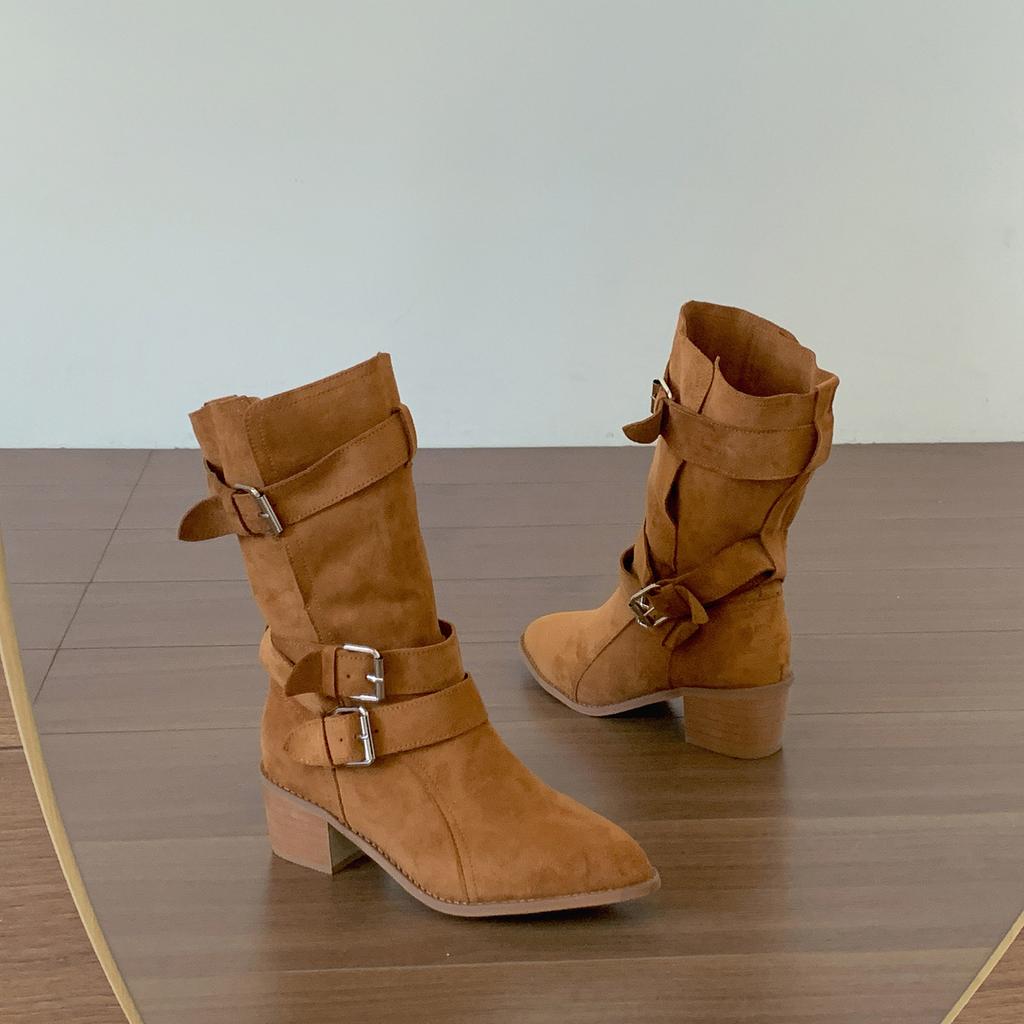 Retro brown British thick heel boots children's medium boots 2025 new autumn skirt height-increasing and thin knight boots