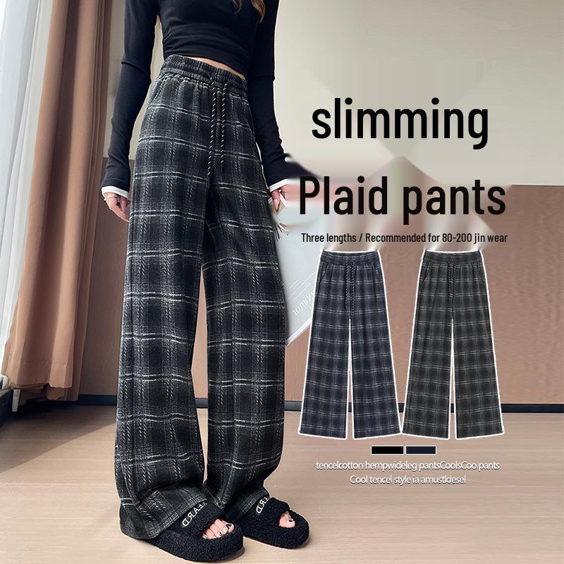 Women's Retro Plaid Woollen Trousers - New for 2026, Autumn/Winter Collection, Narrow Fit, Plus Size, Slimming Wide Leg Pants