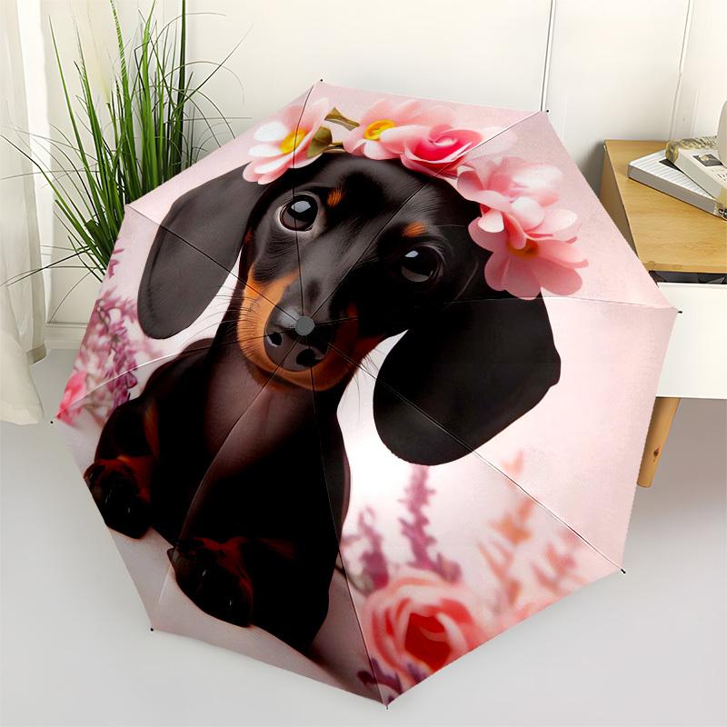 1pc Floral Dachshund Portrait Umbrella with Plastic Handle,Vibrant Cartoon Pattern,Multi-functional UmbrellaPT043